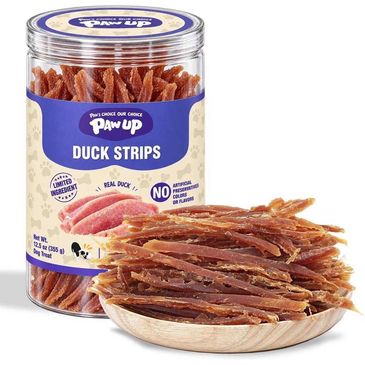 Pawup Duck Jerky Strips Dog Treats, 12.5-oz jar
