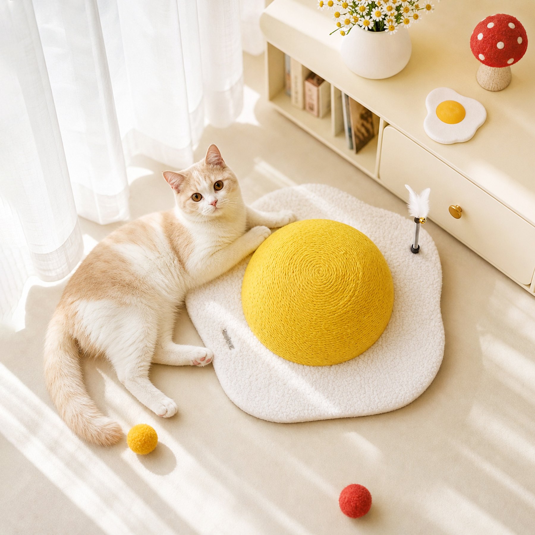Pawzoo Fried Egg Sisal Cat Scratcher & Interactive Toy with Bell Spring, Medium