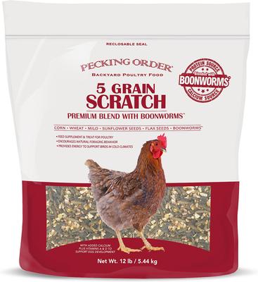 Show full view: Pecking Order 5 Grain Scratch Premium Blend & Boonworms Chicken Feed, 12-lb bag slide 1 of 2