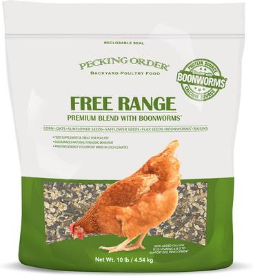Show full view: Pecking Order Free Range Premium Blend & Boonworms Chicken Feed, 10-lb bag, 10-lb bag slide 1 of 3