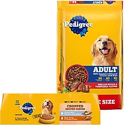 Pedigree Adult Steak Flavor Dry Dog Food + Chopped Ground Dinner Canned Wet Food Combo with Chicken, Liver & Beef & Beef, Bacon & Cheese Flavor Variety Pack