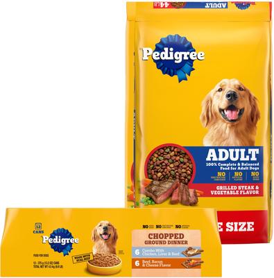 Show full view: Pedigree Adult Steak Flavor Dry Dog Food + Chopped Ground Dinner Canned Wet Food Combo with Chicken, Liver & Beef & Beef, Bacon & Cheese Flavor Variety Pack slide 1 of 9