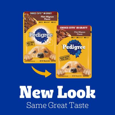 Show full view: Pedigree Choice Cuts Filet Mignon Flavor in Gravy Wet Dog Food, 3.5-oz pouch, bundle of 32  slide 3 of 12