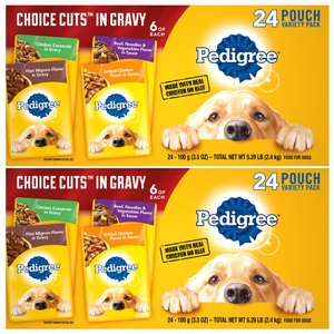 Pedigree Choice Cuts in Gravy Variety Pack Filet Mignon, Grilled Chicken, Chicken Casserole & Beef Noodle Adult Wet Dog Food Pouches, 3.5-oz pouch, case of 48