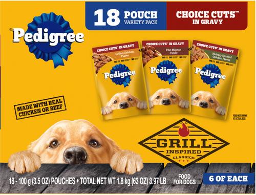 Show full view: Pedigree Choice Cuts in Gravy Variety Pack, Hickory Smoked Chicken Flavor, Grilled Chicken Flavor in Sauce & Filet Mignon Flavor in Gravy Adult Wet Dog Food Pouches, 3.5-oz, pack of 18 slide 1 of 10