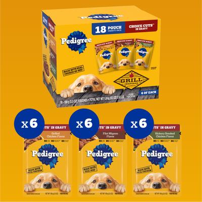 Show full view: Pedigree Choice Cuts in Gravy Variety Pack, Hickory Smoked Chicken Flavor, Grilled Chicken Flavor in Sauce & Filet Mignon Flavor in Gravy Adult Wet Dog Food Pouches, 3.5-oz, pack of 18 slide 4 of 10