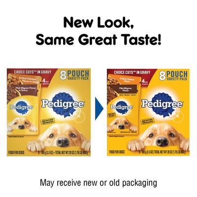Show full view: Pedigree Choice Cuts Variety Pack Grilled Chicken & Filet Mignon Flavor Wet Dog Food, 3.5-oz pouch, bundle of 16  slide 3 of 12