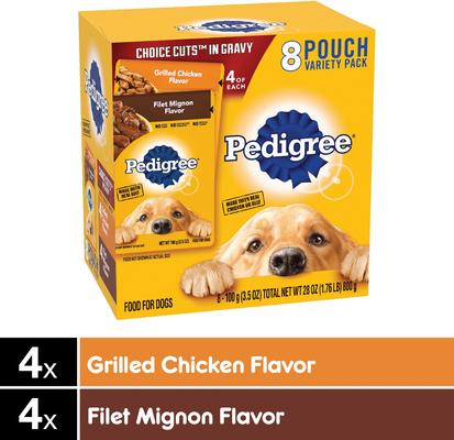 Show full view: Pedigree Choice Cuts Variety Pack Grilled Chicken & Filet Mignon Flavor Wet Dog Food, 3.5-oz pouch, bundle of 16  slide 5 of 12