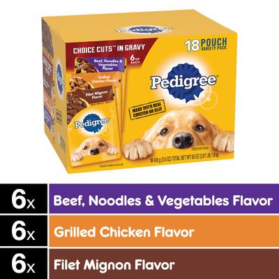 Show full view: Pedigree Choice Cuts Variety Pack with Beef, Chicken & Filet Mignon Wet Dog Food, 3.5-oz pouch, bundle of 16  slide 5 of 12
