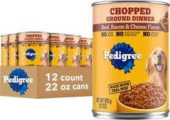 Pedigree Chopped Ground Dinner Beef, Bacon & Cheese Flavor Adult Canned Wet Dog Food, 22-oz can, case of 12