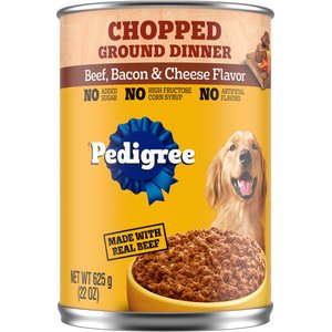 Pedigree Chopped Ground Dinner Beef, Bacon & Cheese Flavor Adult Canned Wet Dog Food, 22-oz can, case of 24