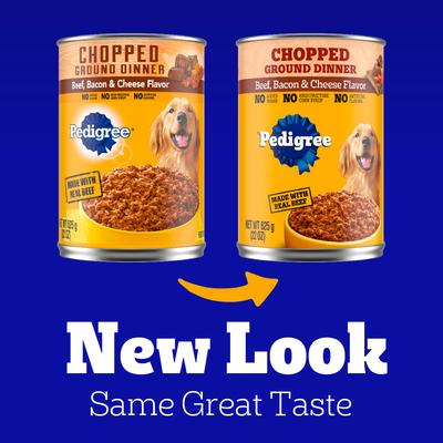 Show full view: Pedigree Chopped Ground Dinner Beef, Bacon & Cheese Flavor Adult Canned Wet Dog Food, 22-oz can, bundle of 24  slide 3 of 12