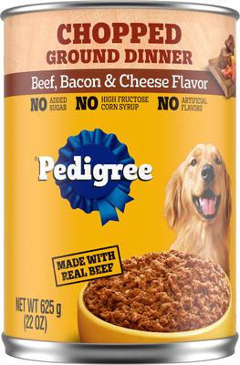 Show full view: Pedigree Chopped Ground Dinner Beef, Bacon & Cheese Flavor + Chicken Canned Dog Food slide 2 of 10