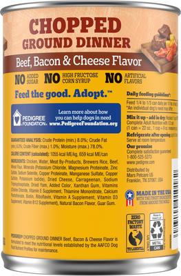 Show full view: Pedigree Chopped Ground Dinner Beef, Bacon & Cheese Flavor + Chicken Canned Dog Food slide 4 of 10