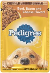 Pedigree Chopped Ground Dinner Beef, Bacon & Cheese Flavors Wet Dog Food, 3.5-oz pouch, bundle of 32 