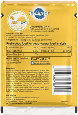 Show full view: Pedigree Chopped Ground Dinner Beef, Bacon & Cheese Flavors Wet Dog Food, 3.5-oz pouch, bundle of 32  slide 3 of 8