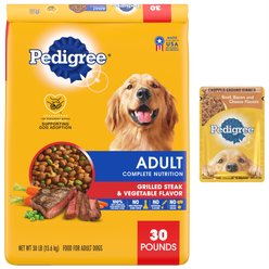 Pedigree Chopped Ground Dinner Beef, Bacon & Cheese Flavors Wet Food + Complete Nutrition Grilled Steak & Vegetable Flavor Dry Dog Food