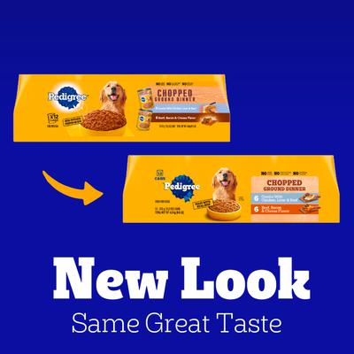 Show full view: Pedigree Chopped Ground Dinner Canned Wet Dog Food Combo with Chicken, Liver & Beef, Bacon & Cheese Flavor Variety Pack, 13.2-oz can, bundle of 24  slide 3 of 12
