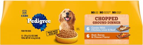 Show full view: Pedigree Chopped Ground Dinner Canned Wet Dog Food Combo with Chicken, Liver & Beef, Bacon & Cheese Flavor Variety Pack, 13.2-oz can, bundle of 24  slide 4 of 12