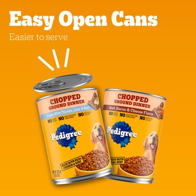 Show full view: Pedigree Chopped Ground Dinner Canned Wet Dog Food Combo with Chicken, Liver & Beef, Bacon & Cheese Flavor Variety Pack, 13.2-oz can, bundle of 24  slide 9 of 12