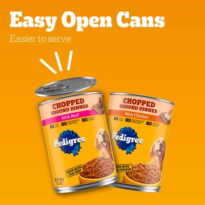 Show full view: Pedigree Chopped Ground Dinner Chicken with Beef Adult Canned Wet Dog Food Variety Pack, 13.2-oz can, bundle of 24  slide 9 of 12