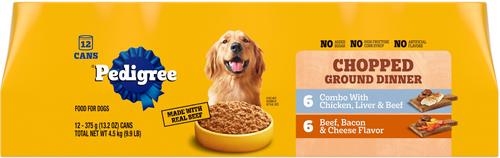 Show full view: Pedigree Chopped Ground Dinner Combo with Chicken, Liver & Beef & Beef, Bacon & Cheese Flavor Variety Pack + Beef, Bacon & Cheese Flavor Canned Wet Dog Food slide 2 of 9