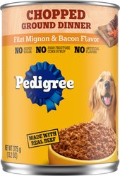 Pedigree Chopped Ground Dinner Filet Mignon & Bacon Flavor Adult Canned Wet Dog Food, 13.2-oz can, case of 12