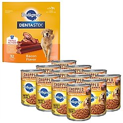 Pedigree Chopped Ground Dinner Filet Mignon & Bacon Flavor Canned Food + Dentastix Bacon Flavor Large Dental Dog Treats