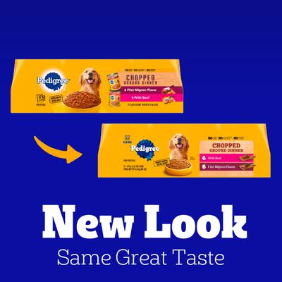 Show full view: Pedigree Chopped Ground Dinner Filet Mignon Flavor & Beef Adult Canned Wet Dog Food Variety Pack, 13.2-oz can, bundle of 24  slide 3 of 12