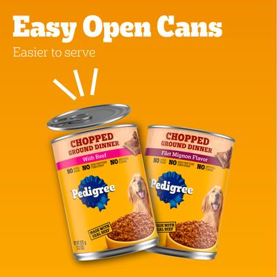 Show full view: Pedigree Chopped Ground Dinner Filet Mignon Flavor & Beef Adult Canned Wet Dog Food Variety Pack, 13.2-oz can, bundle of 24  slide 9 of 12