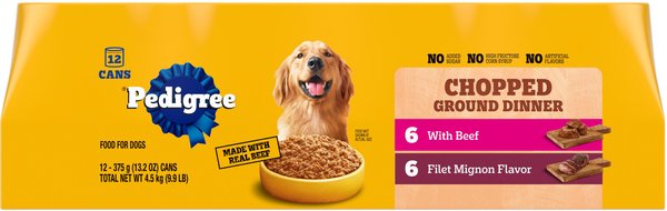 Pedigree Chopped Ground Dinner Filet Mignon Flavor & Beef Adult Canned Wet Dog Food Variety Pack, 13.2-oz, case of 12