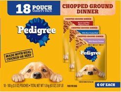 Pedigree Chopped Ground Dinner Variety Pack Chicken, Filet Mignon & Beef Adult Wet Dog Food, 3.5-oz pouch, case of 18