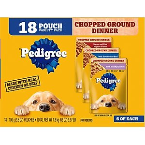 Pedigree Chopped Ground Dinner Variety Pack Chicken, Filet Mignon & Beef Adult Wet Dog Food, 3.5-oz pouch, case of 18