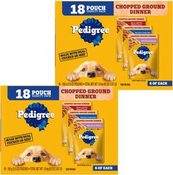 Pedigree Chopped Ground Dinner Variety Pack Chicken, Filet Mignon & Beef Wet Dog Food, 3.5-oz pouch, bundle of 36 