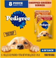 Pedigree Chopped Ground Dinner Variety Pack Featuring Bacon Adult Wet Dog Food, 3.5-oz pouch, case of 8