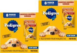 Pedigree Chopped Ground Dinner Variety Pack Featuring Bacon Wet Dog Food, 3.5-oz pouch, bundle of 16 