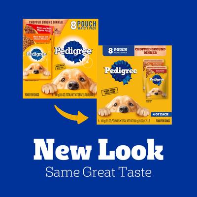 Show full view: Pedigree Chopped Ground Dinner Variety Pack Featuring Bacon Wet Dog Food, 3.5-oz pouch, bundle of 16  slide 3 of 12