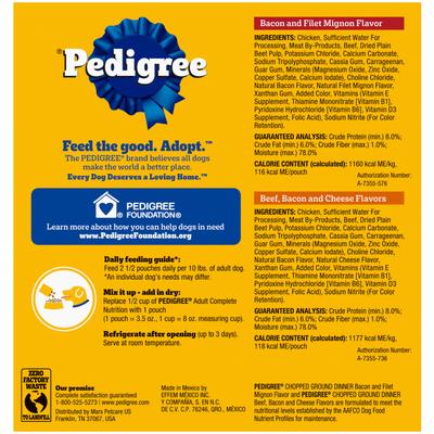 Show full view: Pedigree Chopped Ground Dinner Variety Pack Featuring Bacon Wet Dog Food, 3.5-oz pouch, bundle of 16  slide 4 of 12