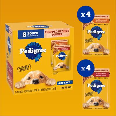 Show full view: Pedigree Chopped Ground Dinner Variety Pack Featuring Bacon Wet Dog Food, 3.5-oz pouch, bundle of 16  slide 5 of 12