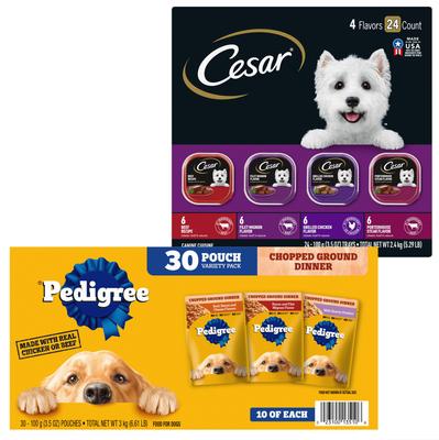 Show full view: Pedigree Chopped Ground Dinner Variety Pack Wet Food + Cesar Classic Loaf in Sauce Beef Recipe, Filet Mignon, Grilled Chicken, & Porterhouse Steak Flavors Variety Pack Dog Food slide 1 of 9