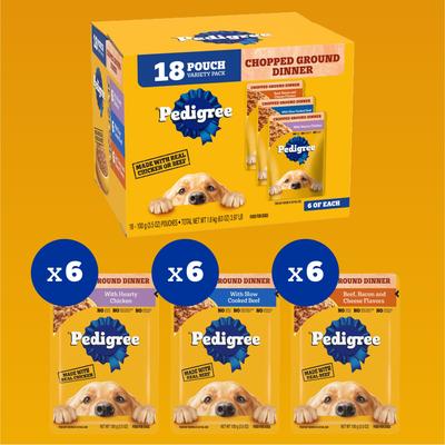 Show full view: Pedigree Chopped Ground Dinner Variety Pack with Chicken, Beef & Bacon Wet Dog Food, 3.5-oz pouch, bundle of 36  slide 5 of 12