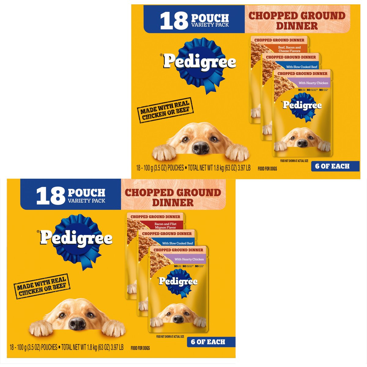 Pedigree Chopped Ground Dinner Variety Pack with Chicken, Filet Mignon & Beef + Variety Pack with Chicken, Beef & Bacon Wet Dog Food