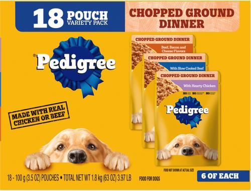 Show full view: Pedigree Chopped Ground Dinner Variety Pack with Chicken, Filet Mignon & Beef + Variety Pack with Chicken, Beef & Bacon Wet Dog Food slide 2 of 9