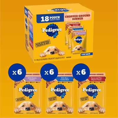 Show full view: Pedigree Chopped Ground Dinner Variety Pack with Chicken, Filet Mignon & Beef + Variety Pack with Chicken, Beef & Bacon Wet Dog Food slide 9 of 9
