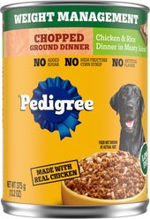 Pedigree Chopped Ground Dinner Weight Management Chicken & Rice Flavor Adult Canned Wet Dog Food, 13.2-oz can, case of 12