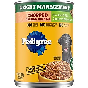 Pedigree Chopped Ground Dinner Weight Management Chicken & Rice Flavor Adult Canned Wet Dog Food, 13.2-oz can, case of 12
