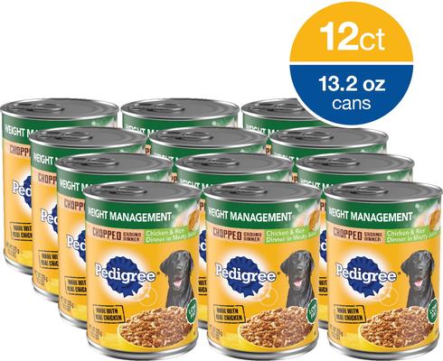 Show full view: Pedigree Chopped Ground Dinner Weight Management Chicken & Rice Flavor Adult Canned Wet Dog Food, 13.2-oz can, case of 12 slide 5 of 11