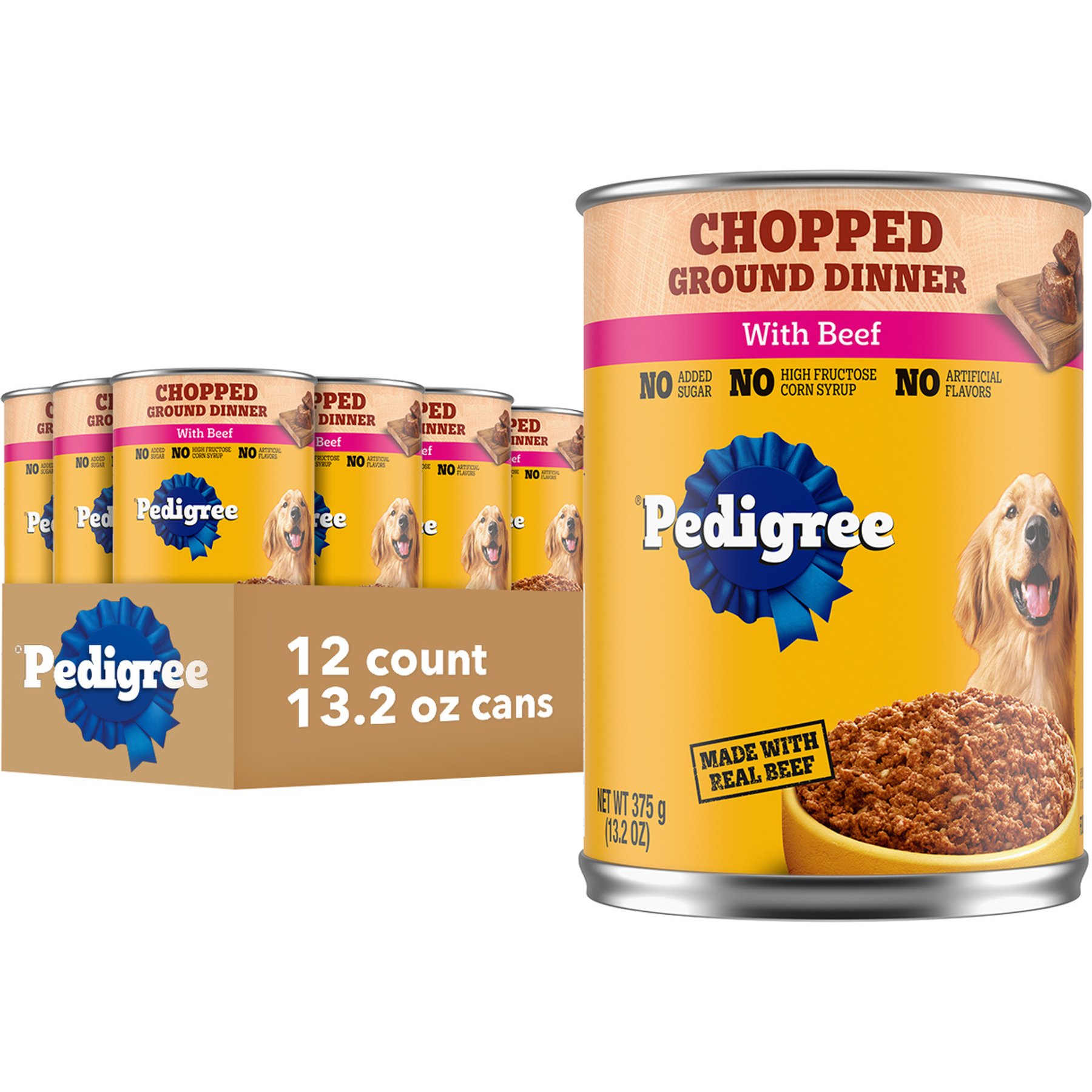 Pedigree Chopped Ground Dinner with Beef Adult Canned Wet Dog Food, 13.2-oz can, case of 12