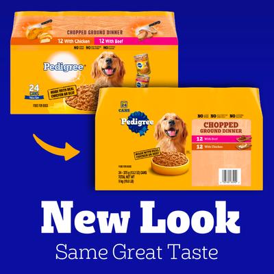 Show full view: Pedigree Chopped Ground Dinner with Chicken & Beef Adult Canned Wet Dog Food Variety Pack, 13.2-oz can, bundle of 48  slide 3 of 12