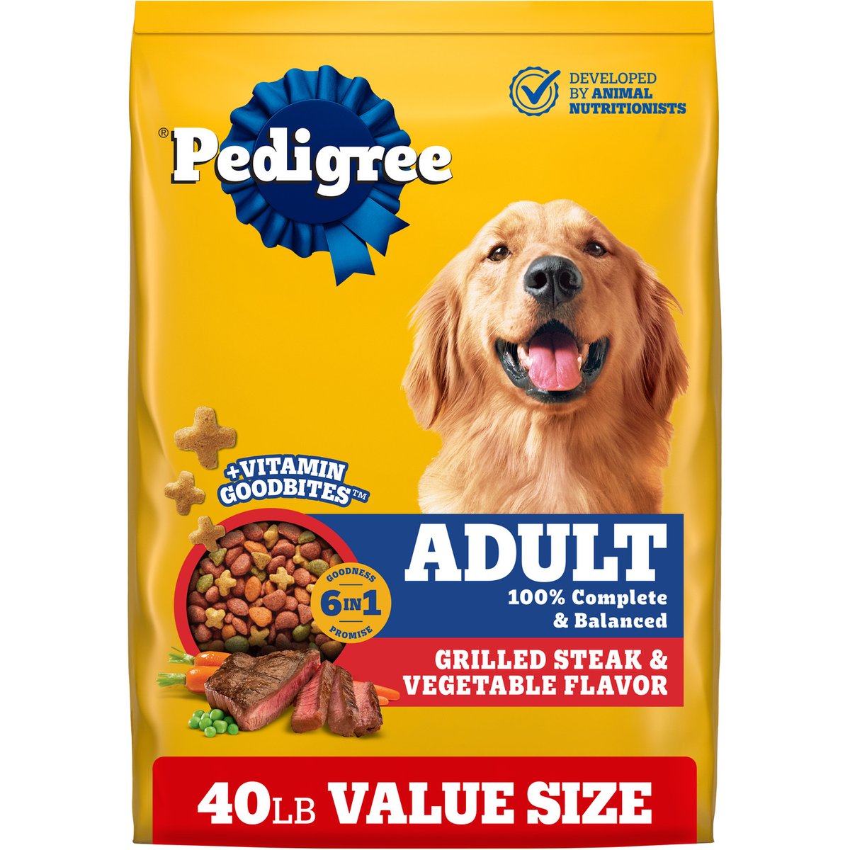 Pedigree Complete Nutrition Grilled Steak & Vegetable Flavor Dog Kibble Adult Dry Dog Food, 40-lb bag